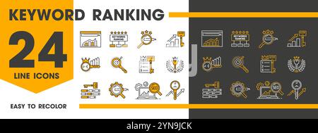 Keyword-Ranking-Linien-Symbole von SEO, Website-Suche und Medienmarketing, Vektorsymbole. Keyword-Ranking-Symbole für Internet SEO und Online-Strategie für Content-Werbung, Werbung und Website-Traffic Stock Vektor