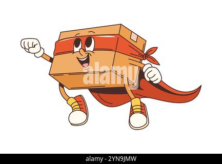 Groovige Lieferkarton Cartoon-Superheldenfigur. Vektor-Post-Service oder Express-Versand Retro-Person. Vereinzeltes lustiges Paket, Rucksack mit rotem cape und Sneakers, fliegend mit erhobener Faust Stock Vektor