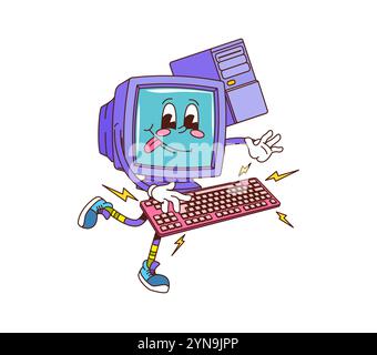 Retro-Groovige Computerbildschirmeingabe auf der Tastatur. Cartoon Vektor Vintage pc-Persönlichkeit, die nostalgische Vibe von Vintage-Elektronik mit blauem Bildschirm, Old-School-Sneakers und schrulligem Gesicht einfängt Stock Vektor