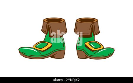 Cartoon-Leprechaun-Stiefel, Saint Patrick Day-Retro-Groovy-Urlaubsobjekte. Isolierte Vektorgrüne Schuhe mit Schnallen. Legendäre Zwergenschuhe in irischer Folklore, die legendären Unfug und Magie symbolisieren Stock Vektor