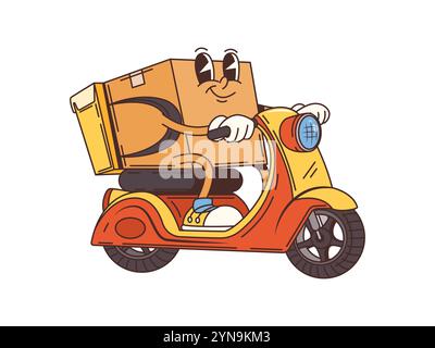 Groovige Lieferkartonpackung Cartoonfigur, die auf einem Roller fährt. Vektorkomisches Paket, das ein Moped fährt. Smiling Pack Retro-Mitarbeiter, die Fracht mit Schnellpost oder Post an den Kunden versenden Stock Vektor