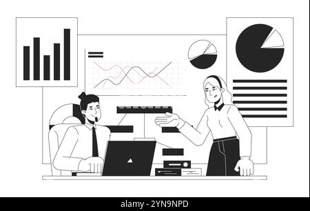 Verschiedene Führungskräfte diskutieren das Konzept der Schwarzweiß-2D-Illustration Stock Vektor