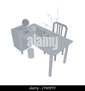 Leere Arbeitsplatzsilhouette, Schreibtischstuhl Computer Arbeitsbereich Büro keine Personen. Vektorabbildung. Isometrische Ansicht Stock Vektor
