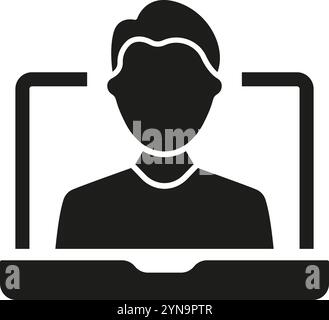 Silhouette-Symbol für Mann bei Videoanruf für Online-Support und virtuelle Kommunikation. Männlich auf Laptop-Bildschirm, Videokonferenz und Remote-Support-Symbol Stock Vektor