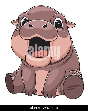 Niedliches Cartoon-Hippo, das mit einem niedlichen Ausdruck sitzt Stock Vektor