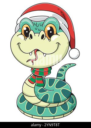 Festliche Grüne Cartoon-Schlange Mit Weihnachtsmütze Stock Vektor