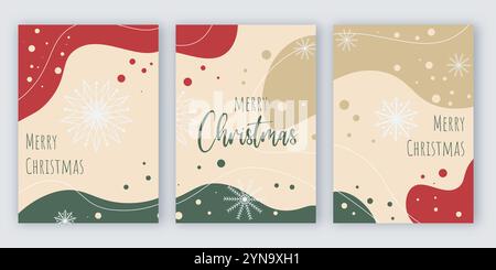 Satz von Vorlagen mit abstrakten Formen, Schneeflocken und Schriften. Drei Grußkarten für frohe Weihnachten. Festliches Design für Flyer, Postkarte, Broschüre Stock Vektor