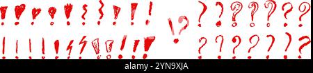 Ausrufezeichen und Fragezeichen gesetzt. Rote Buntstifte handgeschriebene Schilder. Sammlung von Symbolen zum Hervorheben wichtiger oder gefährlicher Warnhinweise Stock Vektor