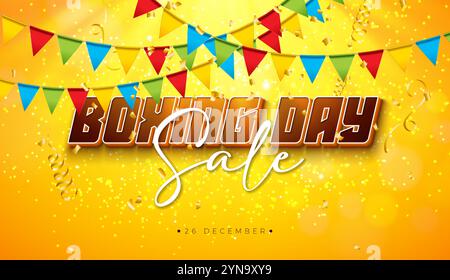 Boxing Day Sale Design mit 3D Typografie Schriftzug und bunter Partyflagge auf gelbem Hintergrund. Weihnachtsfeiertag Vektor Business Illustration mit Stock Vektor