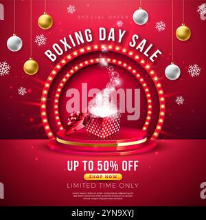 Weihnachtsfeiertag Sale Design mit Geschenkbox auf Podium und goldener Weihnachtsball auf rotem Hintergrund. Urlaub Vektor Business Illustration mit Sonderangebot Stock Vektor