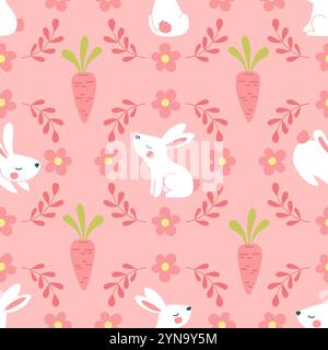 Niedliches nahtloses ostermuster. Hand gezeichnete Vektorelemente Häschen, Blumen, ostereier Stock Vektor