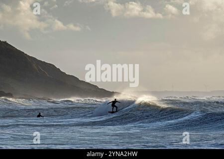 Swansea, Großbritannien. November 2024. Ein Surfer macht das Beste aus den Wellen, die heute Morgen durch Storm Bert in Langland Bay, Swansea, erzeugt wurden. Quelle: Phil Rees/Alamy Live News Stockfoto