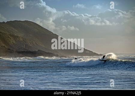 Swansea, Großbritannien. November 2024. Ein Surfer macht das Beste aus den Wellen, die heute Morgen durch Storm Bert in Langland Bay, Swansea, erzeugt wurden. Quelle: Phil Rees/Alamy Live News Stockfoto