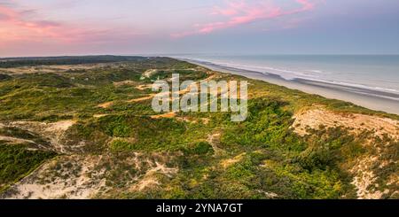 Frankreich, Somme, Somme Bay, Quend-Plage, Marquenterre, Quend-Plage in der Mitte der Dünen bei Sonnenaufgang (aus der Vogelperspektive) Stockfoto