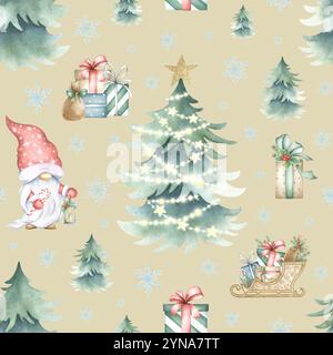 Nahtloses Weihnachtsmuster mit Gnom, Fichte mit strahlenden Lichtern, Geschenkboxen und Schlitten. Aquarellillustration auf Beige für festliches Neujahrspackpapier, Textil und Stoff. Stockfoto