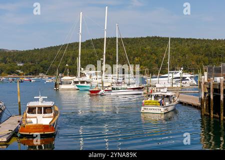 USA, Maine, Bar Harbor, Northeast Harbor, der Hafen mit seinen Fischerei- und Freizeitbooten und seinen Segelbooten Stockfoto