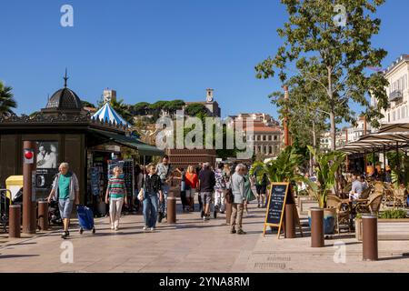 Frankreich, Alpes-Maritimes (06), Cannes, Allée de la Liberté Charles de Gaulle und die Altstadt im Hintergrund Le Suquet Stockfoto