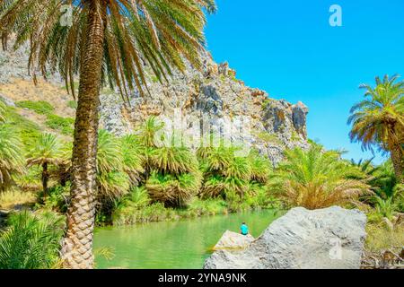 Griechenland, Kreta, Blick auf den Fluss Megalopotamos und Preveli Palmenwald, Rethymnon Stockfoto