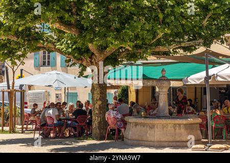 Frankreich, Drôme, Drôme provenzalische, Saoû, schattige Terrasse unter einer Platane des Restaurants L' Oiseau sur sa Branche Stockfoto