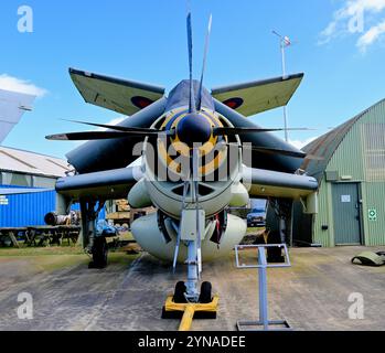 Fairey Gannet Anti-U-Boot-Flugzeug der Royal Navy mit gefalteten Flügeln im Yorkshire Air Museum gegen blauen Himmel Stockfoto