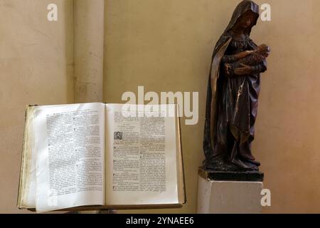 Frankreich, Meurthe et Moselle, Bulligny, Kirche unserer Lieben Frau von der Geburt, erbaut im 15. Jahrhundert im gotischen extravaganten Stil, Statue der Jungfrau mit dem Kind von Autun, das das gewickelte Neugeborene im Arm hält, aus dem 16. Jahrhundert und stechpalme-Buch im Chor Stockfoto