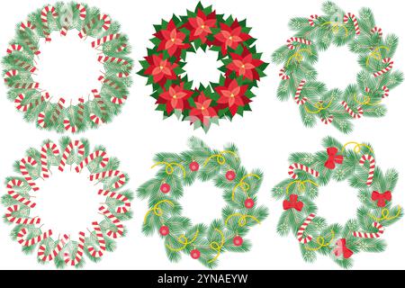 Weihnachten oder Neujahr dekorierte immergrüne Zweige und Weihnachtsstern. Circle Frames Set 6 Template. Kopierraum isoliert Vektor-Illustration Schriftzug, Grußkarte, Faltblatt, Banner, Tag oder Web-Promo Stock Vektor