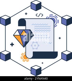 Signieren eines elektronischen Dokuments mit einer elektronischen digitalen Signatur mithilfe der Smart Contract-Technologie. Blockchain-Vertragsschnittstelle. Konzeptionelle Farbe V Stock Vektor