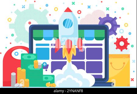 Start eines High-Tech-Startup-Projekts mit ehrgeizigen innovativen Aufgaben. Geschäftsoptimierung und -Entwicklung. Illustration des konzeptionellen Farbvektors iso Stock Vektor