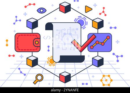 Signieren eines elektronischen Dokuments mit einer elektronischen digitalen Signatur mithilfe der Smart Contract-Technologie. Blockchain-Vertragsschnittstelle. Konzeptionelle Farbe V Stock Vektor