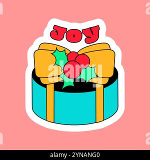 Runde Geschenkbox mit Schleife und Aufschrift Joy. Neujahrsklettverschluss zur Dekoration von Geschenken oder Karten im Stil von 2000. Cartoon Y2K Retro-Aufkleber auf rosa bac Stock Vektor
