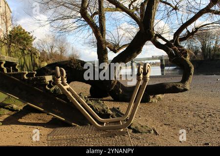 Umgedrehter Einkaufswagen an der Themse, Strand-on-the-Green Stockfoto