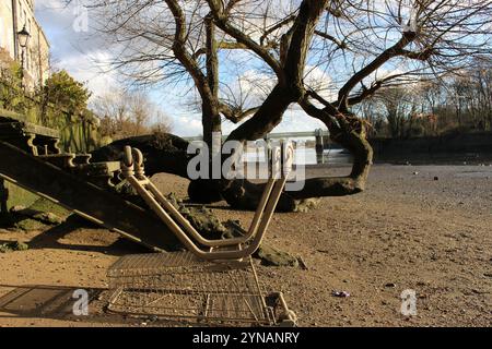 Umgedrehter Einkaufswagen an der Themse, Strand-on-the-Green Stockfoto