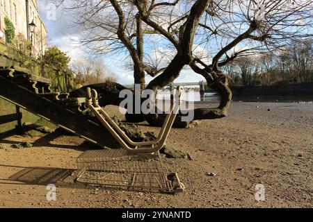 Umgedrehter Einkaufswagen an der Themse, Strand-on-the-Green Stockfoto