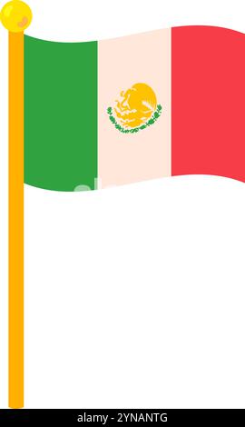 Mexikanische Flagge winkt auf Fahnenmast. Element des hispanischen Urlaubs Cinco de Mayo. Mexikanische Feiertagskone. Einfaches Cartoon-Vektorelement isoliert auf weißem Rücken Stock Vektor