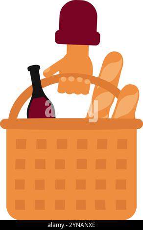 Französischer Bäcker mit Picknickkorb mit einer Flasche Wein und knusprigem Baguette. Tradition der Brotherstellung. Bild für die Gestaltung kultureller Traditionen der Länder Stock Vektor