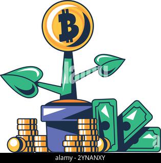 Mehrfarbiges Wachstum eines einzigartigen Kryptowährungsbaums. Neue digitale Industrie für Blockchain-Technologie. Anerkennung digitaler Vermögenswerte. Futuristischer Cartoon o Stock Vektor