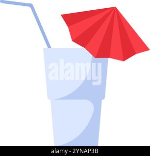 Vector Cocktailglas mit einer Tube und einem Cocktailschirm für Cocktails, Shakes, Saft und andere Getränke in einem hellen flachen Stil. Tischgeschirr für Picknick Stock Vektor