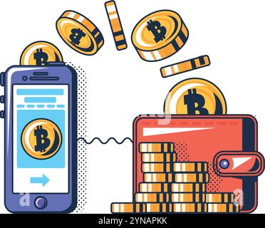 Mehrfarbige Geldtransaktion in Krypto-Wallet. Übertragung von realen finanziellen Vermögenswerten digital. Mobile Kryptowährung-App. Futuristischer Cartoonumriss VEC Stock Vektor