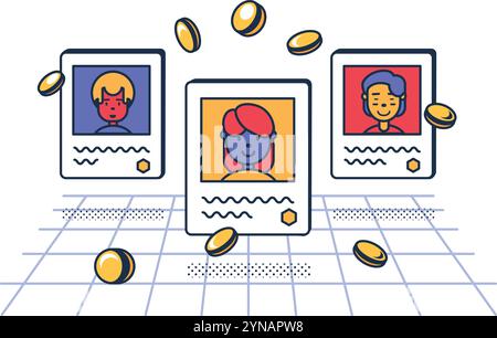 Mehrfarbige Verkaufsdaten auf Austauschplattform. Auktion für den Handel mit digitalen Benutzerprofilen. Datenerfassung und -Speicherung. Futuristischer Cartoon Outli Stock Vektor