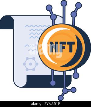 Mehrfarbige Unterzeichnung eines digitalen Vertrags in NFT-Technologie. Abschluss eines Online-Vertrags im Blockchain-Netzwerk. Genehmigung der Vereinbarung. Futuristisches Carto Stock Vektor