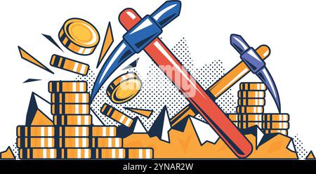 Mehrfarbiges Konzeptbild des Cryptocurrency Mining Pools. Suche und Sammlung digitaler Assets. Gemeinsames Krypto-Mining. Futuristischer Cartoon-Umriss Stock Vektor