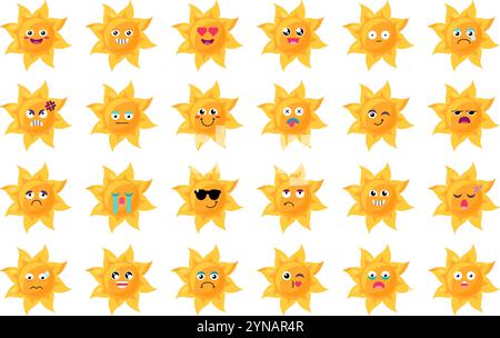 Gesichtsausdrücke und Stimmungen der gelben Emoji-Sonne. Designelement für die Wettervorhersage von Kindern. Lustiges Set mit Kindersymbolen. Einfache Zeichentrickvektorelemente KI Stock Vektor