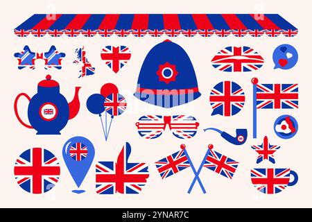 Festliche Elemente, Attribute des Unabhängigkeitstages der britischen Flagge. Ballons, Keramik-Teekanne, Tee, britische Flagge, Polizeihelm, Sonnenbrille mit Gitter. Auto Stock Vektor