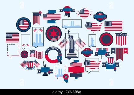 Festliche Elemente, Attribute des Unabhängigkeitstages der amerikanischen Flagge. Rahmen, Fahnen, Banner, Bänder, Abzeichen, Freiheitsstatue, Stadt und Wolkenkratzer Stock Vektor