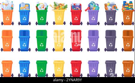 Collection of containers of different colors for sorting different types of household and industrial waste. Closed, open, empty, filled bins with recy Stock Vektor