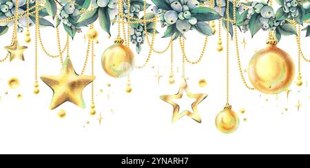 Goldene Weihnachtskugeln und Sterne hängen an Perlen mit Schneebeere mit funkelnden Sternen. Weihnachten, Neujahr, Winter Aquarell Illustration Hand gezeichnet Stockfoto