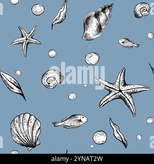 Muscheln, Seesterne, Algen, Fische und Blasen. Grafische Abbildung, handgezeichnet mit schwarzer Tinte. Nahtloses Muster EPS-Vektor auf blauem Hintergrund. Für Stock Vektor