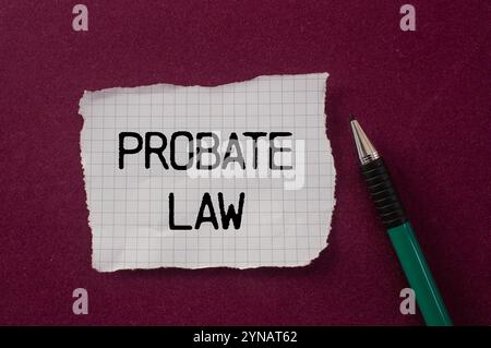 Nachricht zum Nachlassgesetz geschrieben auf gerissenem Papierstück mit violettem Hintergrund. Symbol für das konzeptionelle Nachlassgesetz. Kopierbereich. Stockfoto