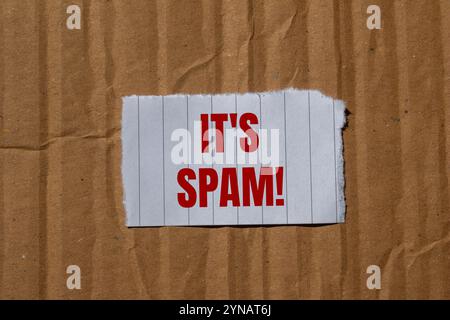 Es ist eine Spam-Nachricht, geschrieben auf zerrissenem Papierstück mit Papppapierhintergrund. Konzeptionell ist das Spam-Symbol. Kopierbereich. Stockfoto