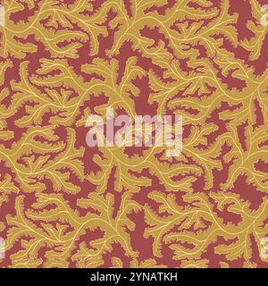Elegantes rotes Gold im Brokatstil mit Vintage-Blatt- oder Korallenstruktur. Hintergrund des nahtlosen Vektormusters. Wirbelnde handgezeichnete Akanthus hinterlässt Laubhintergründe Stock Vektor